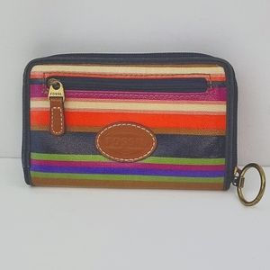 Fossil Coated Canvas Striped Wallet 6" Wide x 4" Tall  x .75" Deep